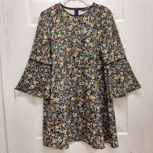 Zara Floral Swing Dress Bell Sleeve Large Retro 70s Boho Cottagecore Indie